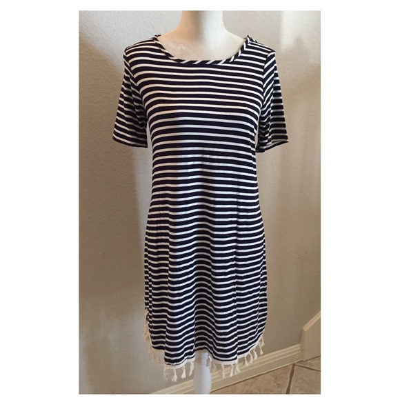 20% off SALE! Navy stripe dress - tassel trim - Picture 2 of 5